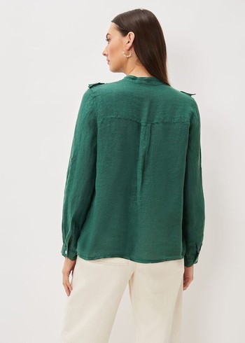 Phase Eight Enid Linen Frill Shirts Dark Green Australia | BR1863502